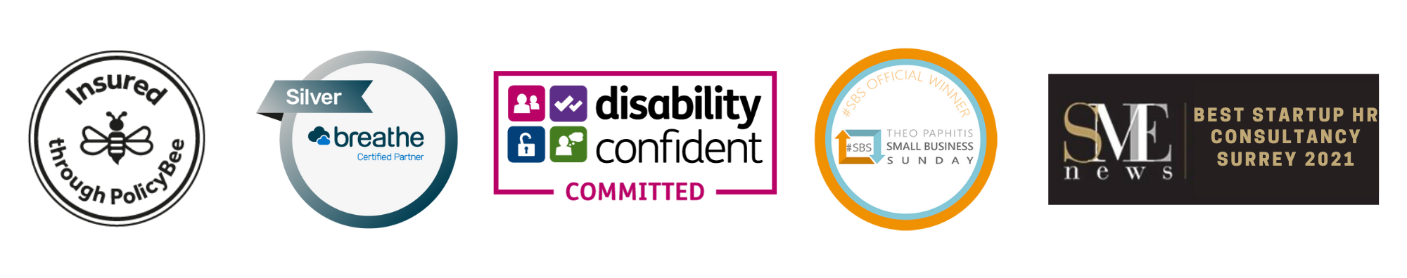 Beagle HR accreditations: PolicyBee insured, Silver Breathe Certified Partner, Disability Confident Committed, Theo Paphitis Small Business Sunday Winner, SME News Best Startup HR Consultancy Surrey 2021