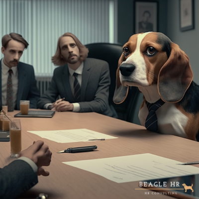 employees discussing employee retention strategies with a beagle