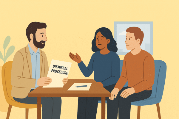 Illustration showing an SME owner and HR advisor discussing fair dismissal reasons in an office setting, representing Beagle HR’s expert guidance.