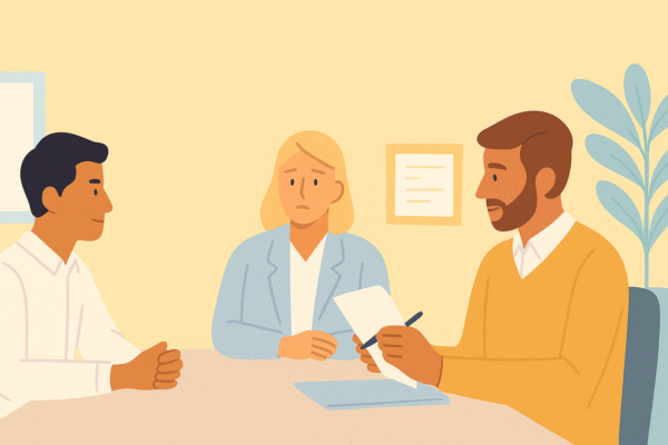 Illustration of a small business owner conducting a fair dismissal meeting with an HR advisor, representing Beagle HR’s guidance for SMEs.