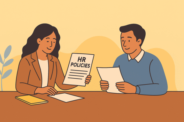 Small business owner and HR consultant reviewing HR policies together - Beagle HR.