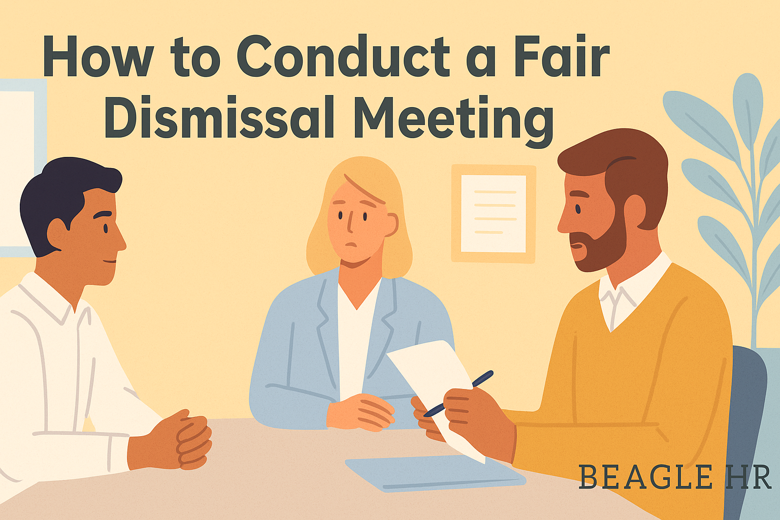 Illustration of a small business owner conducting a fair dismissal meeting with an HR advisor, representing Beagle HR’s guidance for SMEs.
