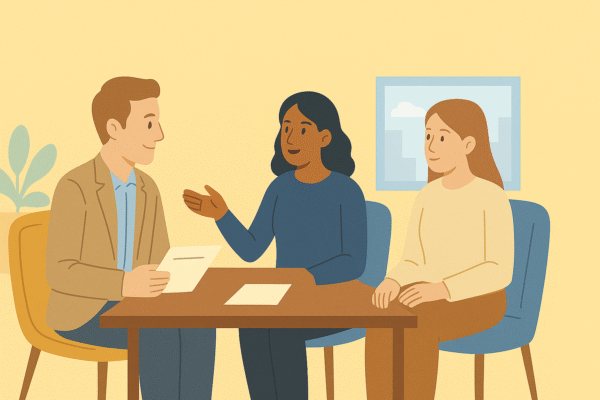 Illustration showing two employees and an HR advisor resolving workplace conflict in a calm meeting, representing Beagle HR’s mediation support for SMEs.|