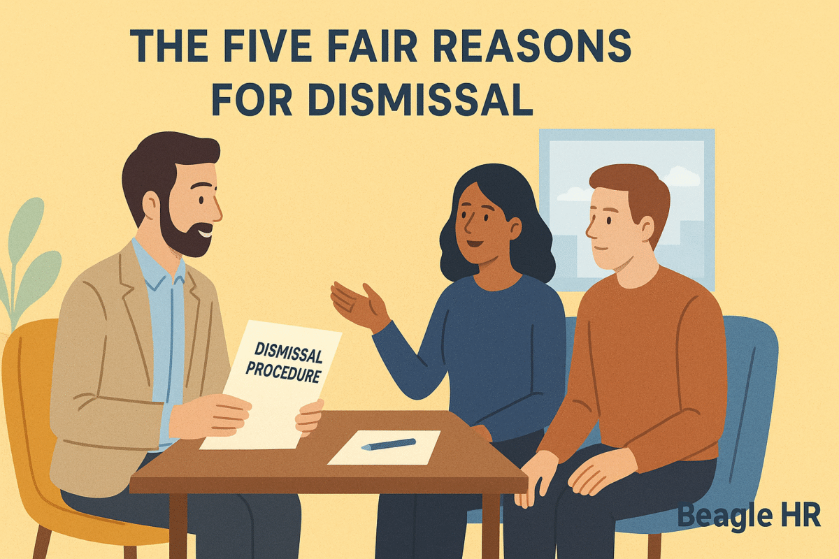Illustration showing an SME owner and HR advisor discussing fair dismissal reasons in an office setting, representing Beagle HR’s expert guidance.
