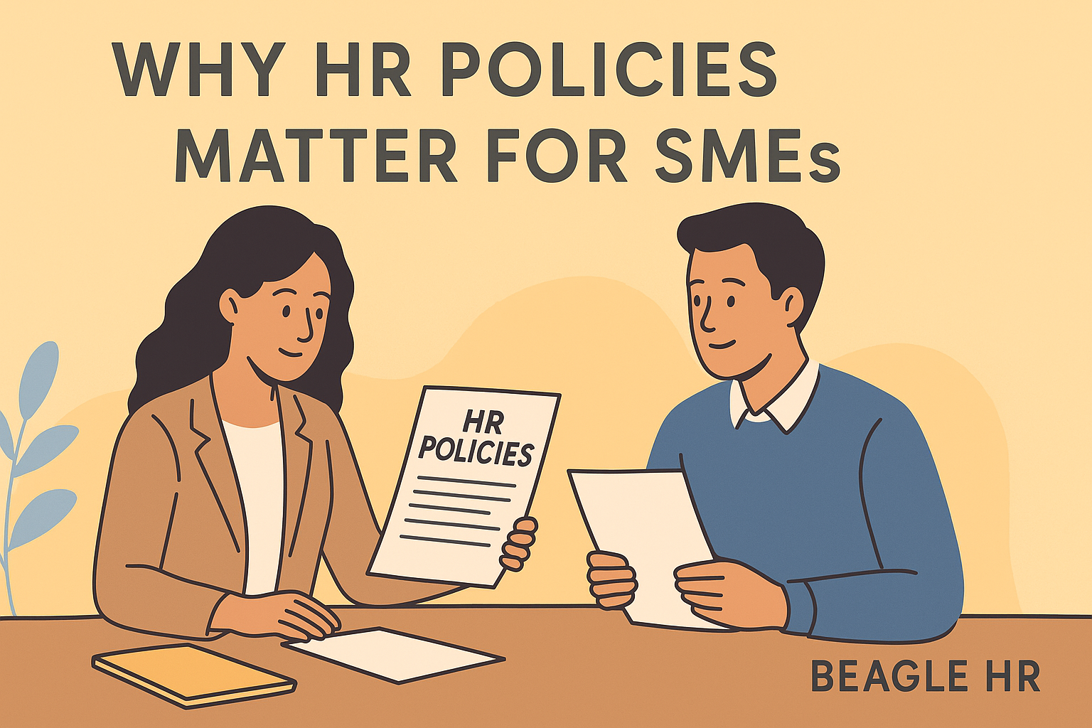 Small business owner and HR consultant reviewing HR policies together - Beagle HR.