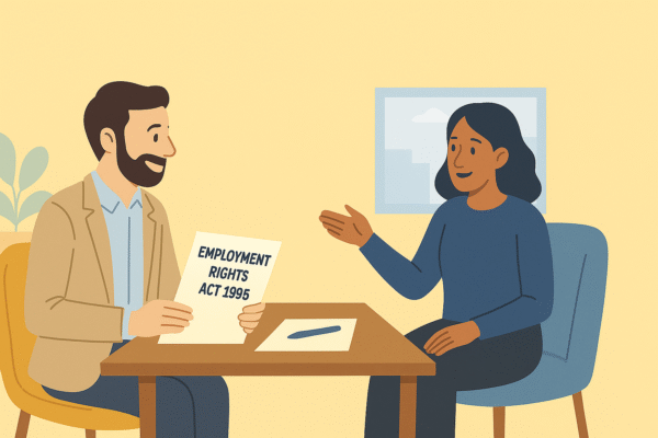 “Small business owner discussing SOSR dismissal process with Beagle HR advisor.”