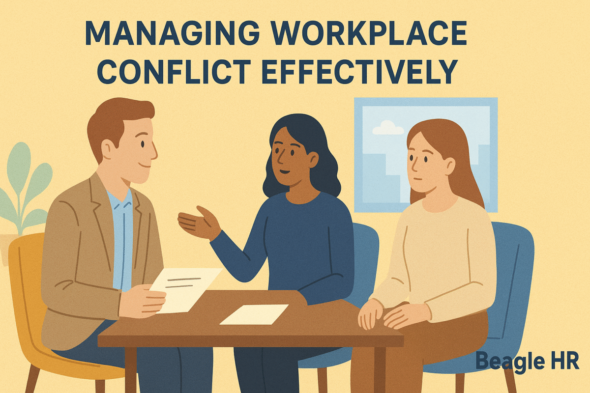 Illustration showing two employees and an HR advisor resolving workplace conflict in a calm meeting, representing Beagle HR’s mediation support for SMEs.