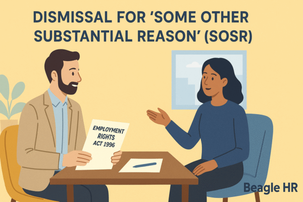 “Small business owner discussing SOSR dismissal process with Beagle HR advisor.”