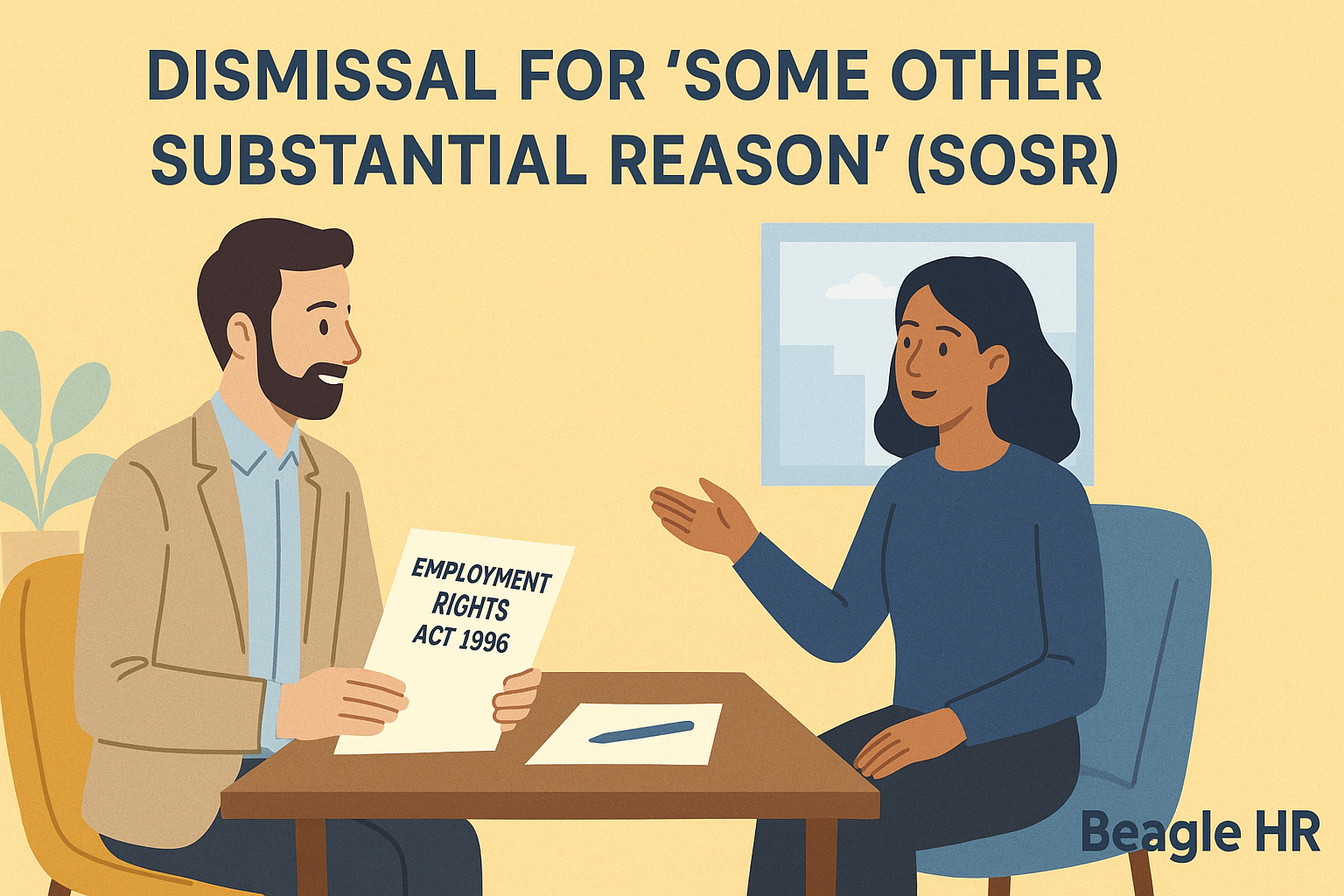 “Small business owner discussing SOSR dismissal process with Beagle HR advisor.”
